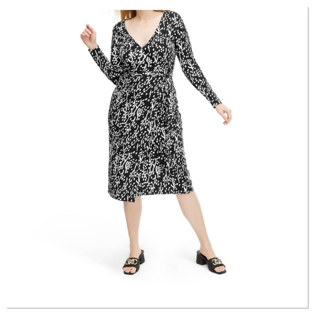 Women’s Long Sleeve Midi Sea Spots Black Wrap Dress DVF Diane Von Furstenberg